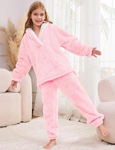 Kissonic Girls Fuzzy Pants Set Lapel Collar Pullover Fluffy Sweatshirt Fleece Pants Sweatsuit 2 Piece Outfits thumbnail 4
