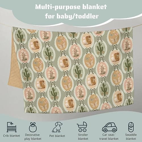 HawSkgFub Retro Boho Cowgirl Mink Baby Blanket Dotted Backing Girl Shower Gift, Vintage Bow Cactus Boots Double Layer Nursery Swaddle, Brown Green Soft Newborn Infant Toddler Bed Crib Bedding 30 x 40 thumbnail 5