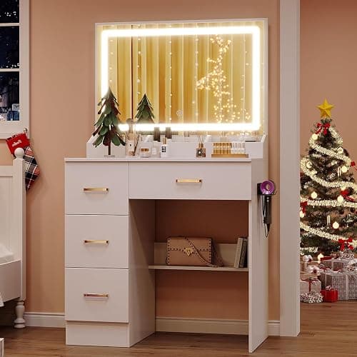 Dressing Table with Mirror and Stool: Vanity Desk with Mirror and Drawers - Makeup Desk with 4 Drawers, Wooden White Bedroom Dressing Table with LED Lights, Brightness Adjustable, 3 Open Storage Areas thumbnail 7