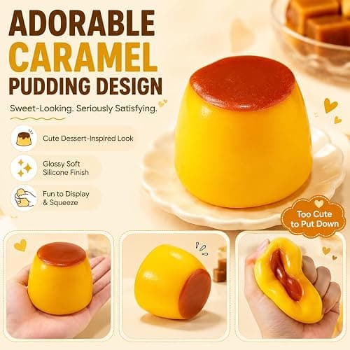 Caramel Pudding Squishy Stress Ball, Bead-Filled Non-Rebound Silicone Squeeze Ball, Pliable ASMR Desk Accessory with Dessert-Inspired Design for Office and Travel thumbnail 3