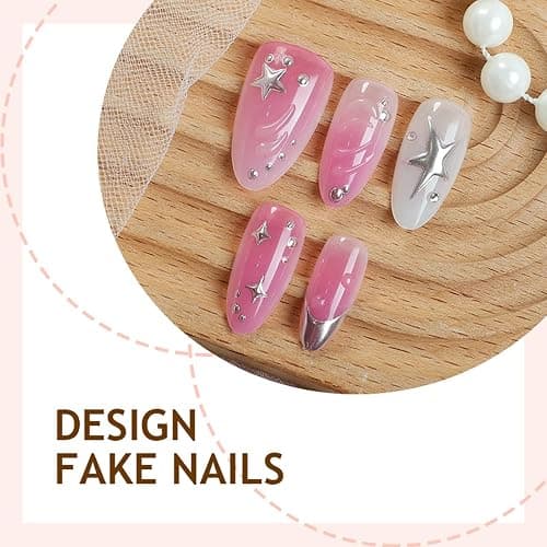 Auroriel 24 Stück Short Almond Press on Nails Pink mit 3D Stern- und Kreis-Design Wiederverwendbare Acrylic Fake Nails Full Cover für Frauen Party Alltag DIY Maniküre thumbnail 3
