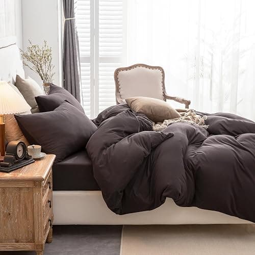 PURE ERA Jersey Knit Duvet Cover Set 100% T-Shirt Cotton Super Soft Comfy 3pc Bedding Set with Zipper Closure (Solid Dark Brown, King) thumbnail 3
