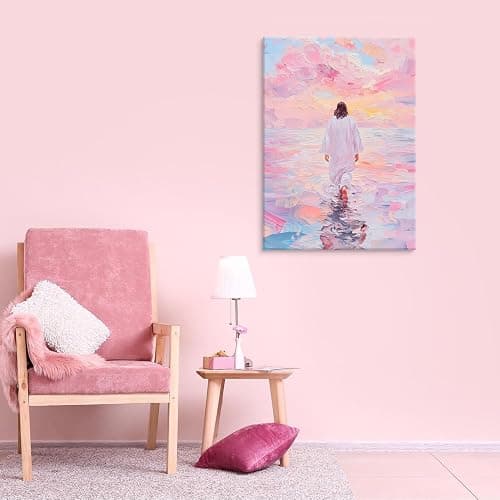 Jesus Canvas Wall Art Pink Jesus Walks on Water Painting Picture Wall Decor Religious Savior Wall Art Christian Bible Stories Poster print Artwork for Living Room Bedroom Church Decor 24x36in canvas thumbnail 5