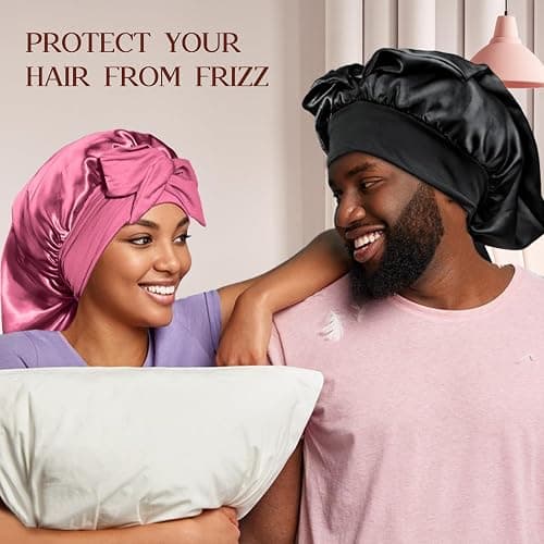 2 Pcs Long Satin Bonnet, Braid Cap for Women, Silk Bonnet for Braids Curly Hair with Tie Band(Black&Rose Red) thumbnail 6