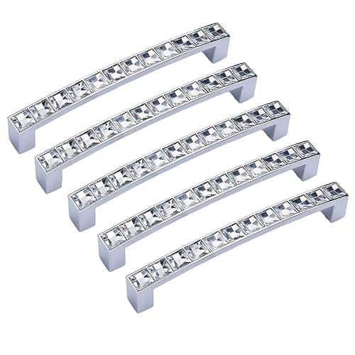 abcGoodefg Modern Decorated Crystal Glass Rhinestone Cabinet Handle Pulls Knobs, 5.3" Length (5" Hole Centers), Clear Silver, Zinc Alloy, 5-Pack - Image 1