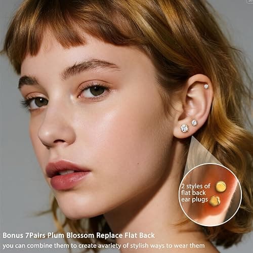7 Pairs 18G 20G Flat Back Stud Earrings, Hypoallergenic Surgical Steel Set | 14K Gold Plated with Bonus Plum Blossom Screw Backs, CZ Sizes 2-8mm for Multiple Piercings, Sensitive Ears & Daily Wear thumbnail 5
