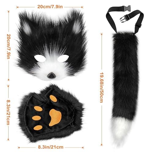 Faux Fur Cat Fox Mask Tail and Paw Set, Wolf Furry Suit Plush Therian Accessories Kit thumbnail 6