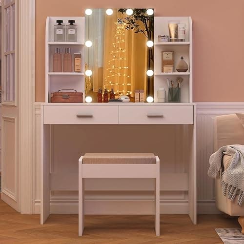 FIONESO Vanity Desk with Mirror & Lights, Makeup Vanity Table with 2 Large Drawers, 6 Storage Shelves & Stool, Bedroom Dressing Vanity Table with 3 Color Light Adjustable, White thumbnail 6