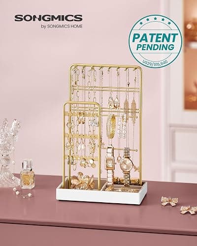 SONGMICS Necklace Holder, Jewelry Stand Holder Organizer, Jewelry Display with Metal Frame, Velvet Tray, Earring Bracelet Holder, for Gift Idea, 4.5 x 7.7 x 12.1 inch, Pale Gold UJJS021A01 thumbnail 3