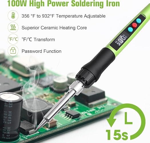 Soldering Iron Kit, 100W LED Digital Solder Gun kits with Ceramic Heater, Adjustable Temperature Welding Tools with Tips, Wick Braid, Stand, Solders Wire, Sponge, Flux Paste thumbnail 5