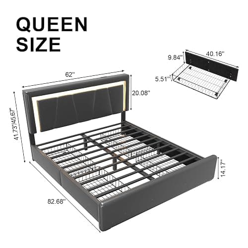 Queen Size Bed Frame with 4 Storage Drawers and LED Lights, Upholstered Platform Bed with Adjustable Headboard and Charging Station, Metal Slats Support, No Box Spring Needed,Easy Assembly, Black thumbnail 2