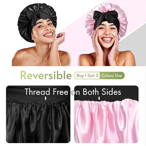 BONNET QUEEN Seidenhaube zum Schlafen mit Haarschutz für Nacht, Doppelseitige Schlafhaube Seide für Lange Haare & Locken, Verstellbare Satin Haarhaube für Damen mit Bindeband, Rosa & Schwarz thumbnail 2