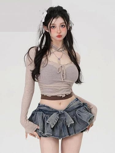 Harajuku Lovely Bow Denim Skirt Y2K Fairycore Vintage Low Waist Sexy Pleated Mini Short Skirts Women Streetwear thumbnail 5