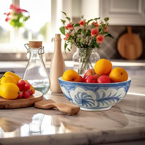 Maxdot Blue and White Bowl 10 x 5 Inch Large Hand Painted Stoneware Decorative Vase Bowl with Floral Chinoiserie Ceramic Design for Kitchen Centerpiece Creative Home Decor thumbnail 4