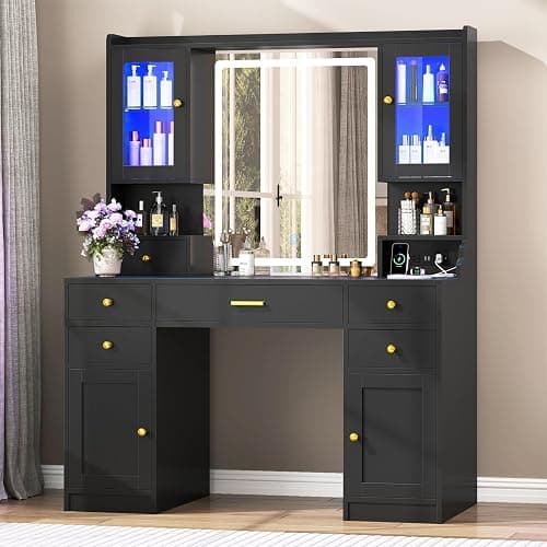 CSZZD Makeup Vanity Desk with Mirror and Lights, Black Vanity Table Set with Charging Station, Dressing Table with RGB Cabinets, Makeup Vanity Mirror with Light Desk and Drawers, 3 LED Light Modes - Image 1