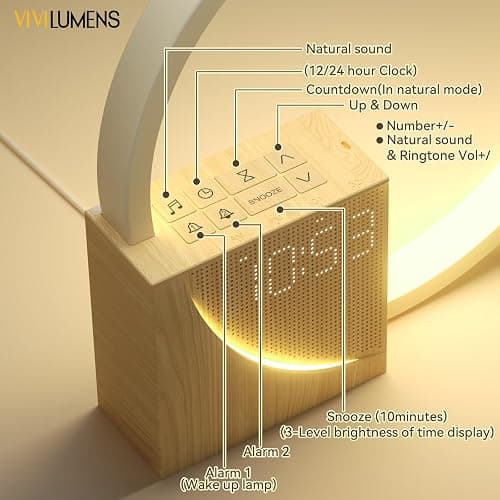 Vivilumens Sunrise Alarm Clock for Heavy Sleepers Adults, Wake-up Light, Sleep Aid 10 White Noise Sound Machines with 30/60/90 Timer, 3 Level Dimmable Touch Table Lamp with Snooze USB Charger Port thumbnail 8