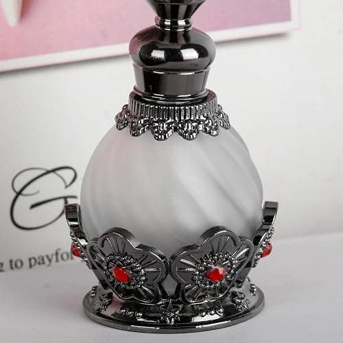 15ml Vintage Glass Perfume Bottle with Antique Silver Flower Figurine - Refillable Empty Decorative Bottle for Essential Oils - Girl or Women Gift for Dresser Table Decor thumbnail 5