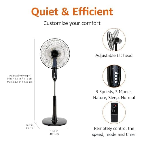 Amazon Basics 16" Pedestal Fan with Remote for Bedroom, Living Room, Office, Adjustable Height, Dual-Layered Blades, 3 Speeds, 3 Modes, Timer, Tilt Head, 60W, Black thumbnail 2