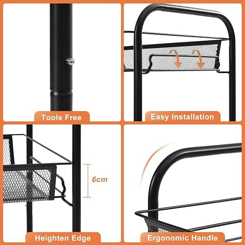 TOOLF 4-Tier Rolling Cart, Metal Utility Cart with 3 Hooks, Easy Assemble Mobile Storage Trolley On Wheels, Metal Shelving Units Kitchen Bathroom Laundry Room thumbnail 6