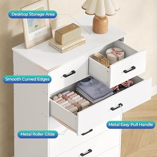 DICTAC White Dresser for Bedroom with 7 Drawers, 55.7" Tall Dressers Chest of Drawers, Modern Large Wood Storage Dresser Organizer with Metal Handle, Vertical Dressers for Bedroom Living Room Nursery thumbnail 3