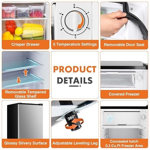 Sweetcrispy 3.2 Cu.Ft Mini Fridge with Freezer Small Refrigerator Single Door Adjustable Thermostat Energy-efficient Low Noise, Compact Fridge for Bedroom, Office, Dorm (Silver Door) thumbnail 5