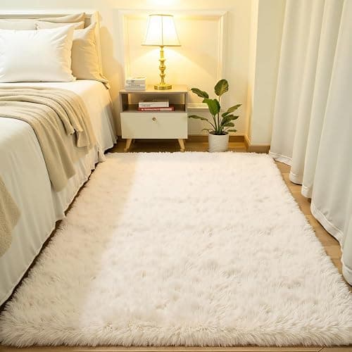 Softlife Area Rug for Bedroom, Fluffy Shag Plush 3x5 Cream Rugs for Living Room Girls, Shaggy Throw Soft Fuzzy Small Kids Carpet for Dorm Bedside Ultra Cozy Non-Slip Indoor Decor - Image 1