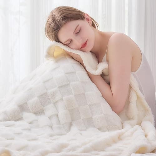 NEWCOSPLAY Super Soft Throw Blanket Ivory Premium Silky Flannel Fleece 3D Checkered Lightweight Bed Blanket All Season Use (Ivory Checkered, Throw(50"x70")) thumbnail 3