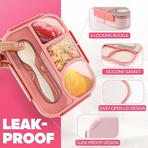 EASYFUN Bento Box Adult, Lunch Box, 4-Compartment Lunch Containers, Drop-Proof, Dishwasher Safe & Made with BPA-Free Materials (Pink) thumbnail 5