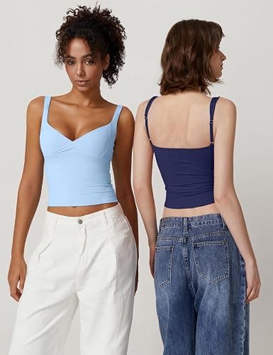QINSEN Women's V Neck Tank Tops Double Lined Adjustable Strap Camisole Shirt thumbnail 3