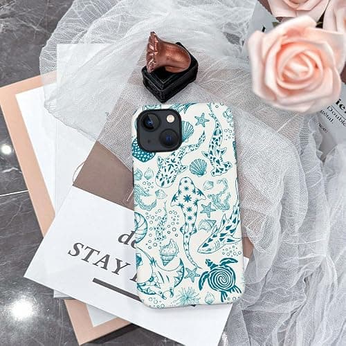 Case for iPhone 14,Fits Frosted Case Design for Girl Women,Sharks Turtles Shells Seaweed Green thumbnail 6