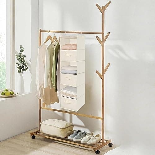 MAX Houser 6 Tier Shelf Hanging Closet Organizer, Cloth Hanging Shelf with 2 Sturdy Hooks for Storage, Foldable (Beige) - Beige thumbnail 3