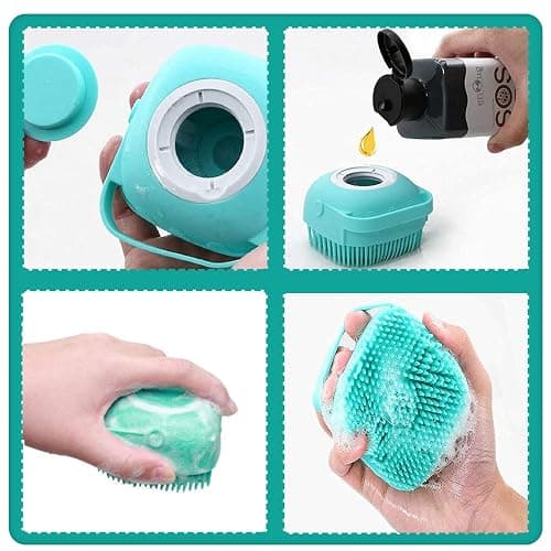 ELEGX Pet Grooming Bath Massage Brush with Soap and Shampoo Dispenser Soft Silicone Bristle for Long Short Haired Dogs Cats Shower (Pink) thumbnail 3