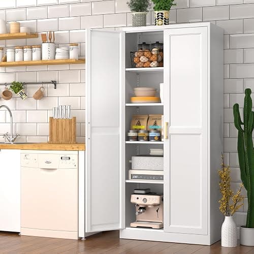 Polup White Kitchen Pantry Cabinet, 71 Inch Tall Metal Storage Cabinet with Doors and Shelves, Pantry Cabinets for Kitchen Storage, Freestanding Cupboard for Living, Dining Room, Assemble Required thumbnail 2
