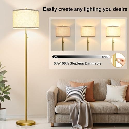 Nintiue 【Upgraded】 Dimmable Floor Lamp for Living Room, 11W LED Bulb Included, Modern Standing Lamp, Tall Pole Light with Linen Shade for Bedroom Reading Office Corner Nursery-Gold thumbnail 3