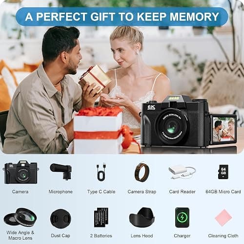 Yatao Digital Cameras for Photography and Vlogging, 6K 64MP Flip Screen, Dual Lens, Microphone for Video, 64GB TF Card, Compact Photo WiFi Camera for YouTube Kit Travel, Beginners (Black) thumbnail 7