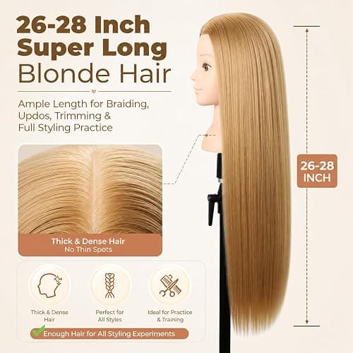 Headdoll 26"-28" Mannequin Head Styling Mannequin Head for Hair Styling and Free Table Stand Training Head Manikin Cosmetology Doll Head with Long Fiber Hair Hairdresser Practice Head for Stylist thumbnail 3