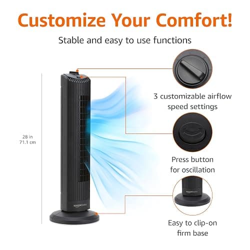 Amazon Basics 28" 60-Degree Oscillating Tower Fan for Bedroom, Living Room, Office, With 3 Speeds, Intuitive Mechanical Control, Black, 35W, 27.8"H x 9.4"D x 9.4"W thumbnail 3