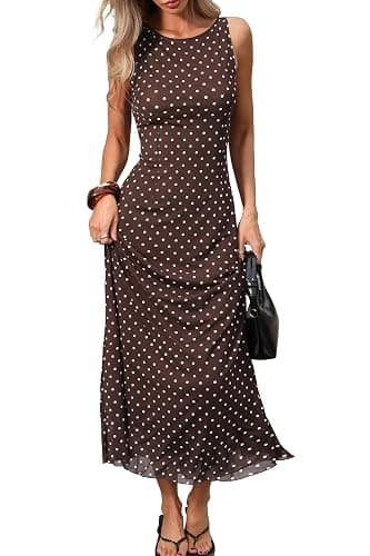 ELLEVEN Women’s Polka Dot Maxi Tank Dress, Sleeveless Boat Neck Bodycon Slim Fit Elegant Long Dress - Image 1