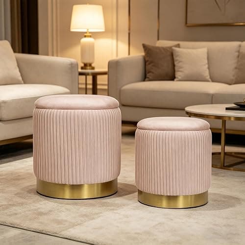 2BYF Round Ottoman with Storage Set of 2 Upholstered Velvet Vanity Stool for Living Room Storage Ottomans Multifunctional Foot Rest (Pink) thumbnail 7
