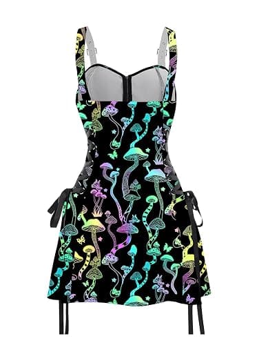 DRESSFO Women’s Gothic Buckle Strap Mini Dress – Lace Up Zipper Dress in Multiple Prints thumbnail 3