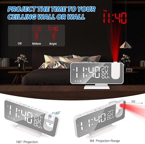 Projection Alarm Clock, Beedove Digital Clock with 180° Rotatable Projector, USB Charger Port, Dimmer, LED Large Mirror Display, Timer, Snooze, 12/24H, Digital Alarm Clock for Bedroom (White) thumbnail 3