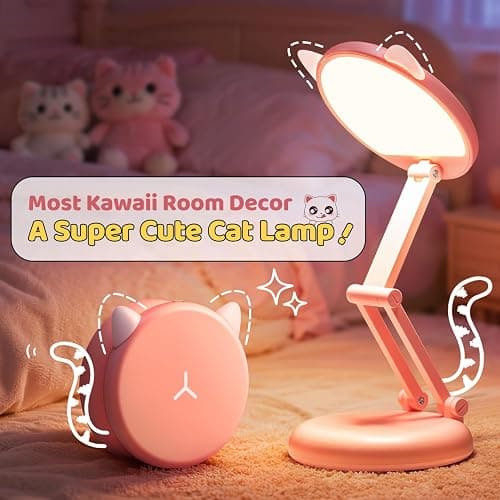 One Fire Cute Desk Lamp Pink Dorm Lamps for College Girls Foldable Portable Rechargeable Dimmable Cute Cat Lamp Kawaii Room Decor,College Dorm Decor for Girls Pink Classroom Essentials thumbnail 2
