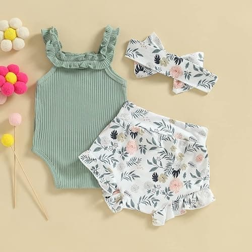 CIYCUIT Newborn Baby Girl Summer Clothes Ruffle Sleeveless Ribbed Top Bloomers Shorts Set thumbnail 7