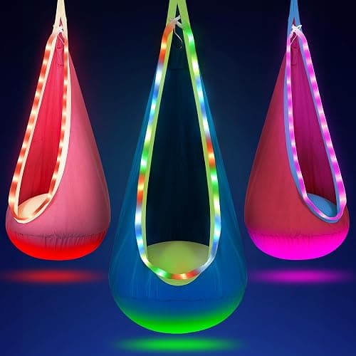 OUTREE Light Up Pod Swing Seat, Sensory Swing with LED Light, Cotton Kids Chair for Indoor and Outdoor, Hammock Chair Easy to Install, Blue - Image 1