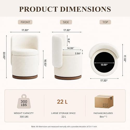 smartue Ottoman with Storage, Round Vanity Stool with Back | 22L Hidden Seat, 360° Swivel, Reversible Lid, No Wheels, Upholstered Makeup Footstool for Bedroom thumbnail 2