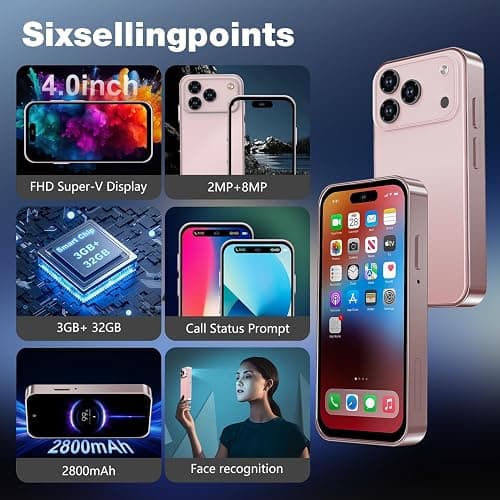 Pdfbenli Mini Phone for Kids, Unlocked Kid Phone, 4.0 inch HD Touch Screen, 3GB+32GB, 4G, Dual SIM, Face ID, Android 10.0, GPS, Kids Smart Phone (Rose Gold) thumbnail 2