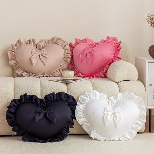 MOJUN Black Heart Pillow, Soft Heart Shaped Pillow with Bow Ruffle Design Love Room Decor Pillows for Sofa Bed Chair Cute Heart Shaped Throw Pillow Cushion for Bedroom Living Room thumbnail 2
