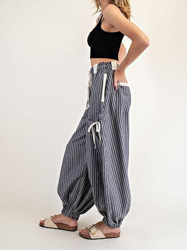Yinawsky Women Drawstring Striped Pants Loose Wide Leg Casual Lounge Pants with Pockets thumbnail 3