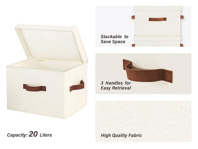 StorageWorks Fabric Storage Bins with Lid, Decorative Storage Boxes for Shelves, Stackable Closet Organizer Basket with Handles, Large, Ivory White, 2-Pack thumbnail 4