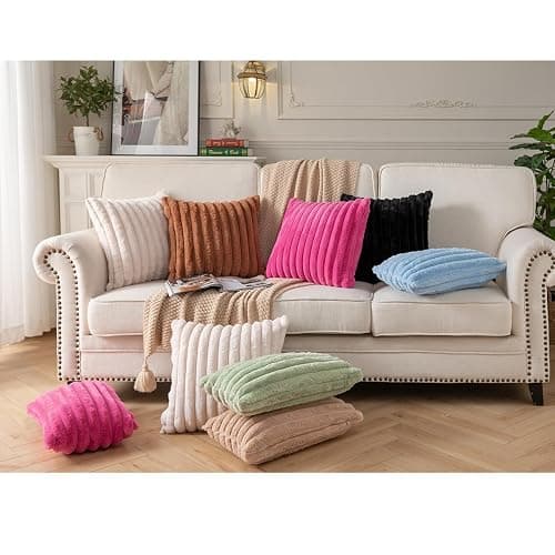 DEELAND Pack of 2,Double-Sided Faux Fur Plush Decorative Throw Pillow Covers Fuzzy Striped Soft Pillowcase Cushion Covers for Sofa Couch Bedroom Beige 16x16 inch thumbnail 6
